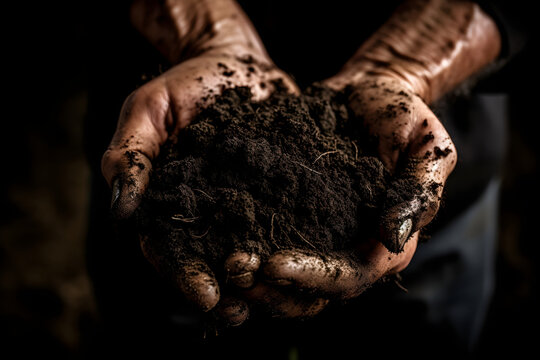 A close-up shot of a farmer's hand holding a handful of healthy, nutrient-rich soil, AI generated