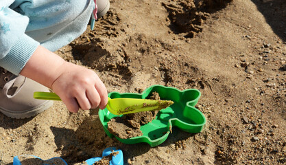 a child sculpts sand animals, sand molds, childrens toys, sandbox games, beach holidays, entertainment for children