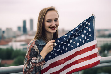 A woman holding an american flag in front of a city created with Generative AI technology