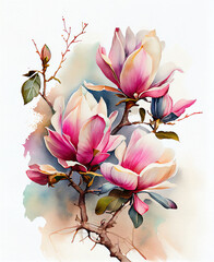 branch of blooming pink magnolia in watercolor. Generative AI - obrazy, fototapety, plakaty
