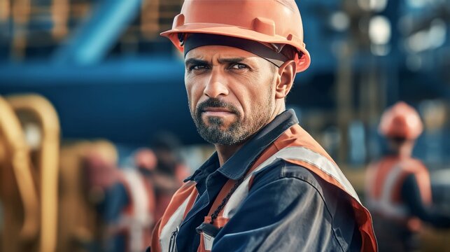 Portrait dockers working in the port, Generative AI