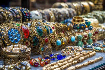 Fototapeta premium Oriental jewelry in a middle east bazaar. Created with Generative AI technology.
