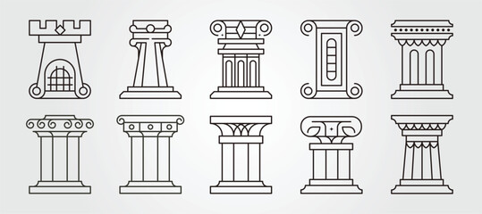 set of pillar line art vector illustration design, ancient greek or roman architecture building symbol, abstract pillar vector design.