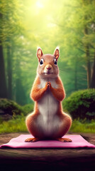 Yoga is for everybody, red squirrel standing in a lush forest practicing yoga pose. and meditating No body shaming concept, everybody can do yoga. Illustration, generative AI.