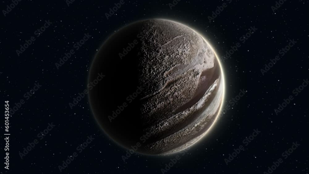 Poster abstract realistic space planet round sphere with a stone relief surface in space against the backgr