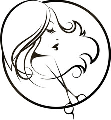 Scissors and a girl with curls of hair. Round badge with edge. Hair salon and beauty salon design