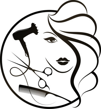 Beautiful girl with a hairstyle in a circle, scissors and a stylist comb. Sign for beauty and hair salon
