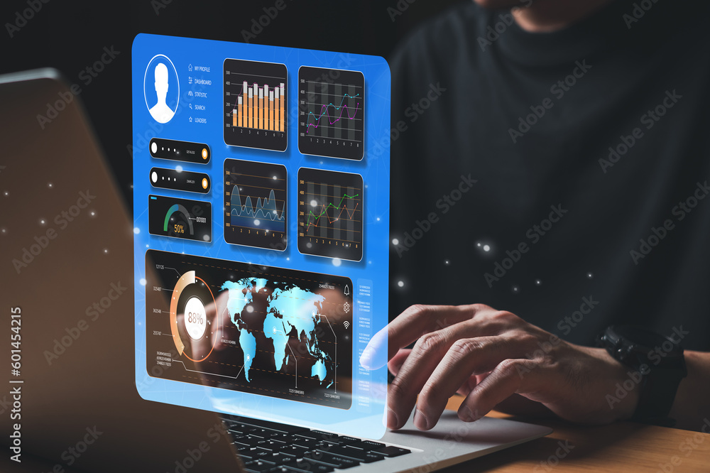 Wall mural young entrepreneur using big data analysis and cloud technology to collect customer data and display