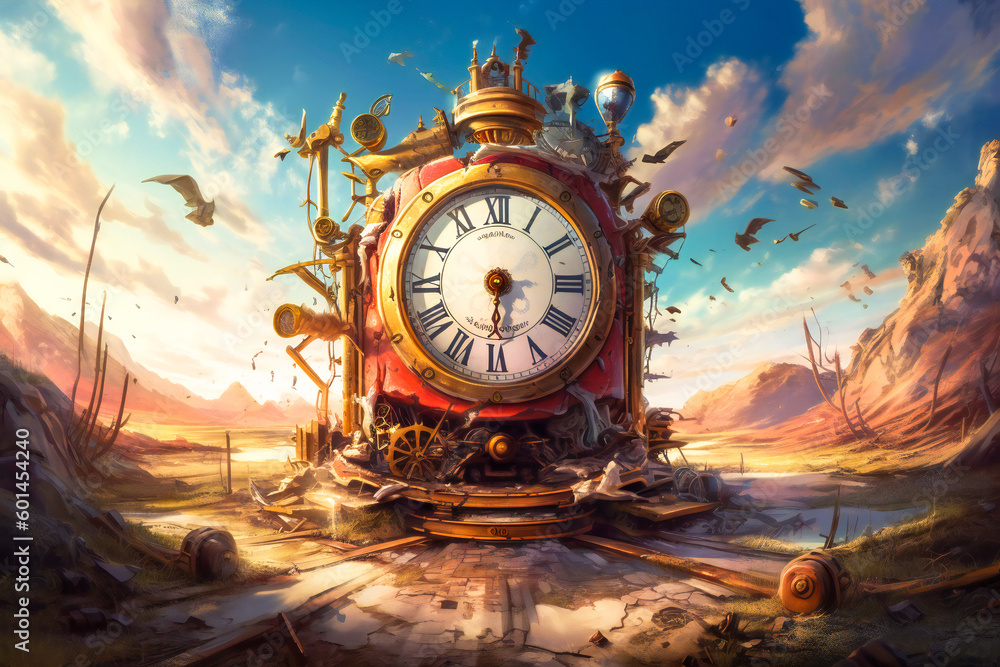 Poster surreal time related or time travel abstract composition. time related concept. created with generat