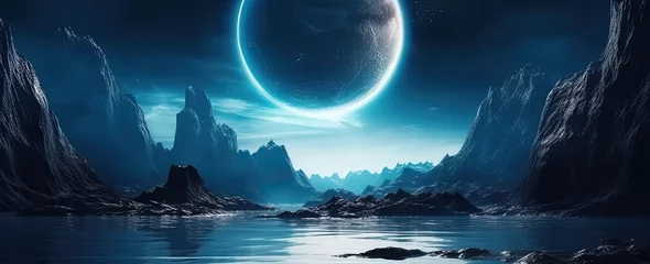 Crédence de cuisine en verre imprimé Blue nuit Futuristic fantasy landscape, sci-fi landscape with planet, neon light