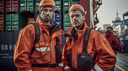 Portrait dockers working in the port, Generative AI