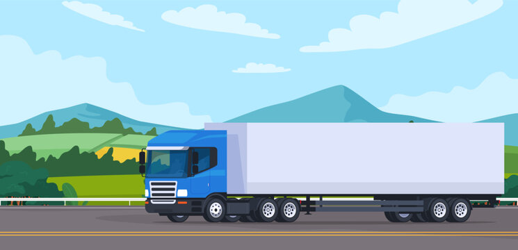 Trucks deliver goods to their destination. Logistics of products on the way. The truck is driving on the highway. Vector illustration