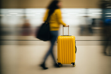 people traveling with yellow luggage AI generated