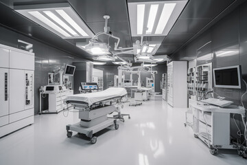 A modern operating room in a hospital, equipped with advanced medical technology and instruments for performing complex surgeries. Generative AI, AI.