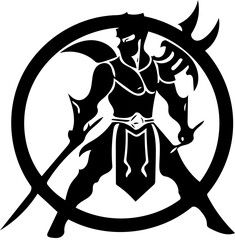 Warrior logo design in black color, vector illustration of a swordsman 