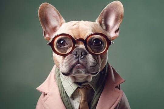 A dog dressed like a person, wearing glasses on its nose. A funny and quirky pet in human-like clothing, making everyone laugh. Generative AI, AI.