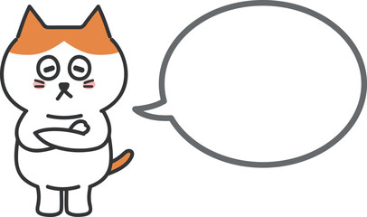 Orange tabby cartoon cat thinking something with folding arms and a speech bubble, vector illustration.