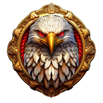 A Silver and gold metal eagle head metal emblem. 3D style eagle metal badge. Coat of arms eagle head. Eagle head metal insignia. Animal badge. Eagle head metal symbol. Medallion
