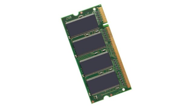 RAM memory. Chip close up rotates. RAM macro shot. Operative memory for notebook or laptop computer isolated.