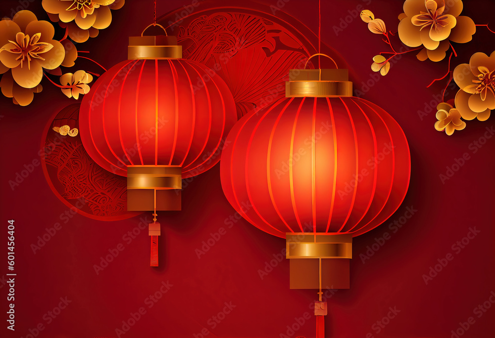 Poster chinese new year red background with hanging lanterns. generative ai