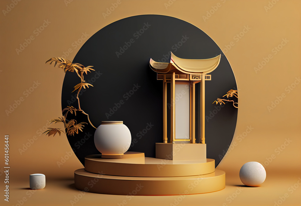 Poster d rendering of abstract chinese podium for product display. generative ai