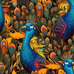 Fantasy peacocks seamless repeat pattern - fantasy colorful cubism, abstract art, trippy psychedelic [Generative AI]
