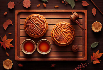 Chinese traditional pastry moon cake mooncake with tea cups. Generative Ai