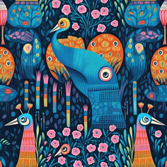 Obraz premium Fantasy peacocks seamless repeat pattern - fantasy colorful cubism, abstract art, trippy psychedelic [Generative AI] 