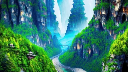 Schilderijen op glas Landscape with mountains, rivers and lakes. Generative AI © Fernando