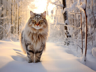 Naklejka na ściany i meble Photo of a Siberian cat walking in a snowy forest