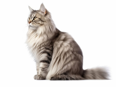 Photo of a Siberian cat isolated on a white background, side view