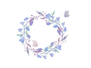 Watercolor composition of butterflies and leaves in the form of a wreath. Hand-drawn illustration, isolated background. Suitable for wedding invitations, packaging, postcards and printed products.