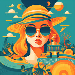 A woman in a hat and sunglasses stands on a beach with oranges. AI generative