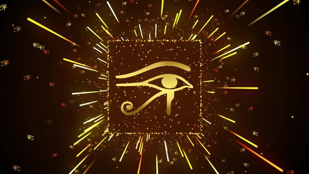 Abstract Religious Golden Shiny Wedjat Eye Of Horus Ancient Egypt Symbol Motion Light Streaks Burst With Glitter Sparkle Particles, 10-20 Seconds Seamless Loop