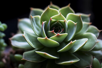 Fototapeta premium Macro of a succulent plant. Close up of a teal cactus. Teal cactus leaves. Tidewater green background. Cactus plant pattern wallpaper. AI generated content