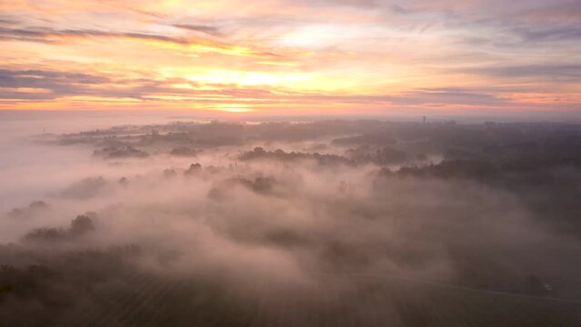 Incredible Hyperlapse Drone  sea of ​​mist in saint emilion at sunrise near bordeaux