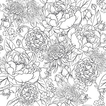 Seamless outline background with roses, peonies, asters.