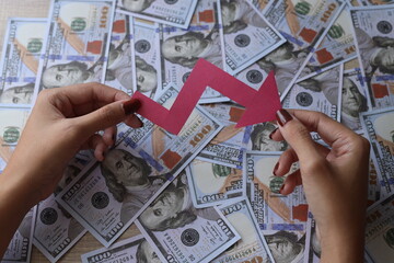 Hand holding red arrow going downwards on dollar bills background. Devaluation, collapse,...