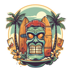 A retro-inspired tiki crew beach bar t-shirt design with a stylized tiki face, palm trees, and a surfboard in the background, Generative Ai