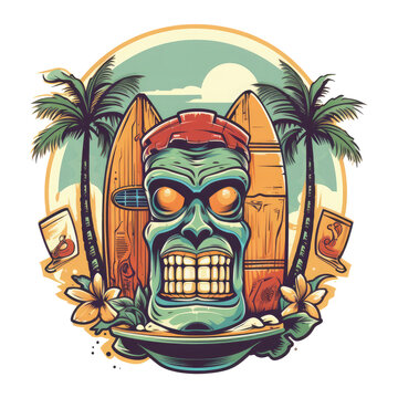 A retro-inspired tiki crew beach bar t-shirt design with a stylized tiki face, palm trees, and a surfboard in the background, Generative Ai