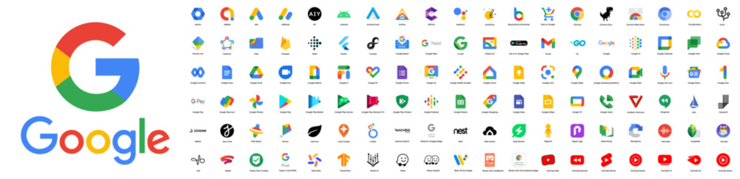 Trademarks of Google. Big set of logos. VINNITSA, UKRAINE - MAY 11, 2022