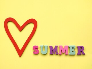 Love summer. Sigh, card or poster with the word summer and a Red heart on a yellow background