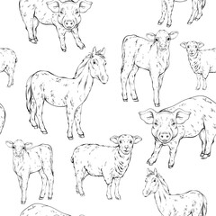Cute farm animals horse, sheep, pig, calf with chewing gum. Illustration of funny animals. Black and white