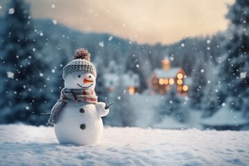 Fototapeta premium Cheerful snowman dressed in festive attire, complete with a carrot nose and a jolly smile, embodying the spirit of Christmas in a snowy wonderland. Generative AI.