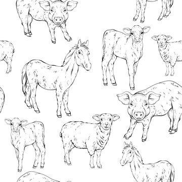 Cute farm animals horse, sheep, pig, calf with chewing gum. Illustration of funny animals. Black and white