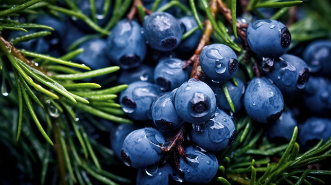 A close-up of many fresh juniper berries with water drops and leaves