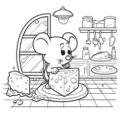Cute Mouse Eating In Kitshen Animal For Coloring Book Or Coloring Page For Kids Vector Clipart Illustration