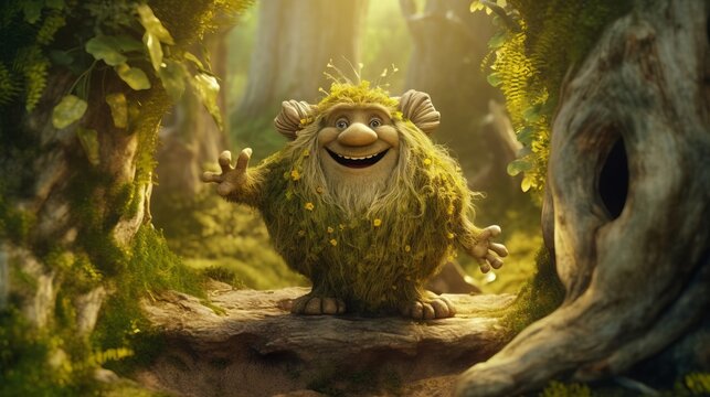 Fantasy creature in a magical forest with glowing lights,trees and mushrooms. Made with Generative AI.