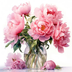 bouquet of pink roses, peony flower in vase