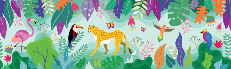 Tropical horizontal seamless pattern with cheetah, parrot and exotic plants leaves.